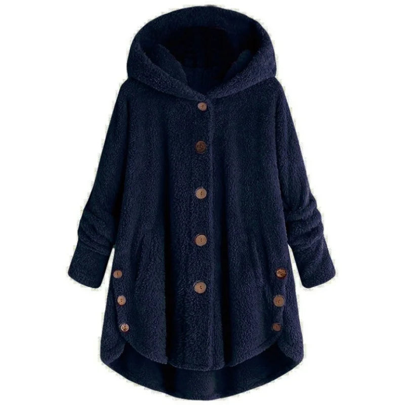 Women's Plush Hooded Teddy Fleece Coat with Button Front for Cozy Winter Layering