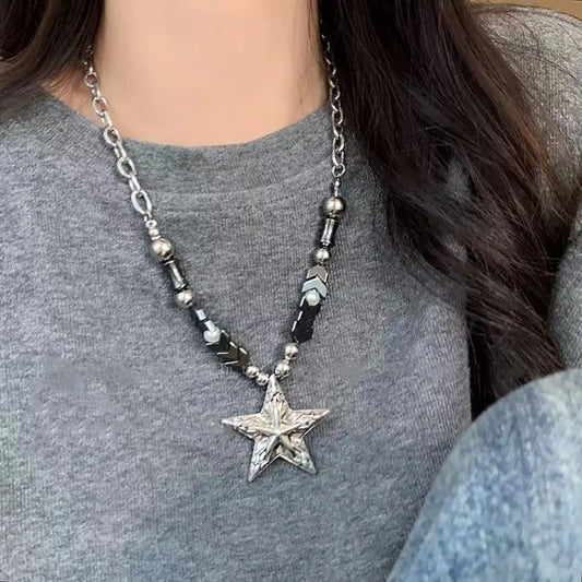 Layered Gothic Star Pendant Necklace With Grunge Beaded Chain Alternative Streetwear Styling