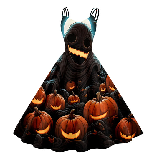 Whimsical Gothic Halloween Inspired Flare Dress with Vintage Charm