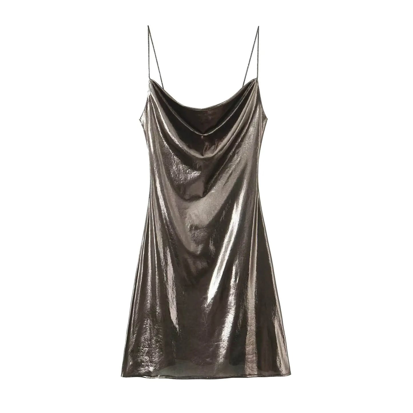 Metallic Finish Spaghetti Strap Mini Dress with Draped Cowl Neckline