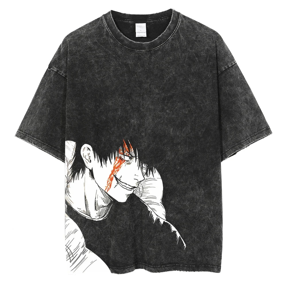 Dark Anime Streetwear Graphic Oversized Vintage Wash Cotton T-Shirt