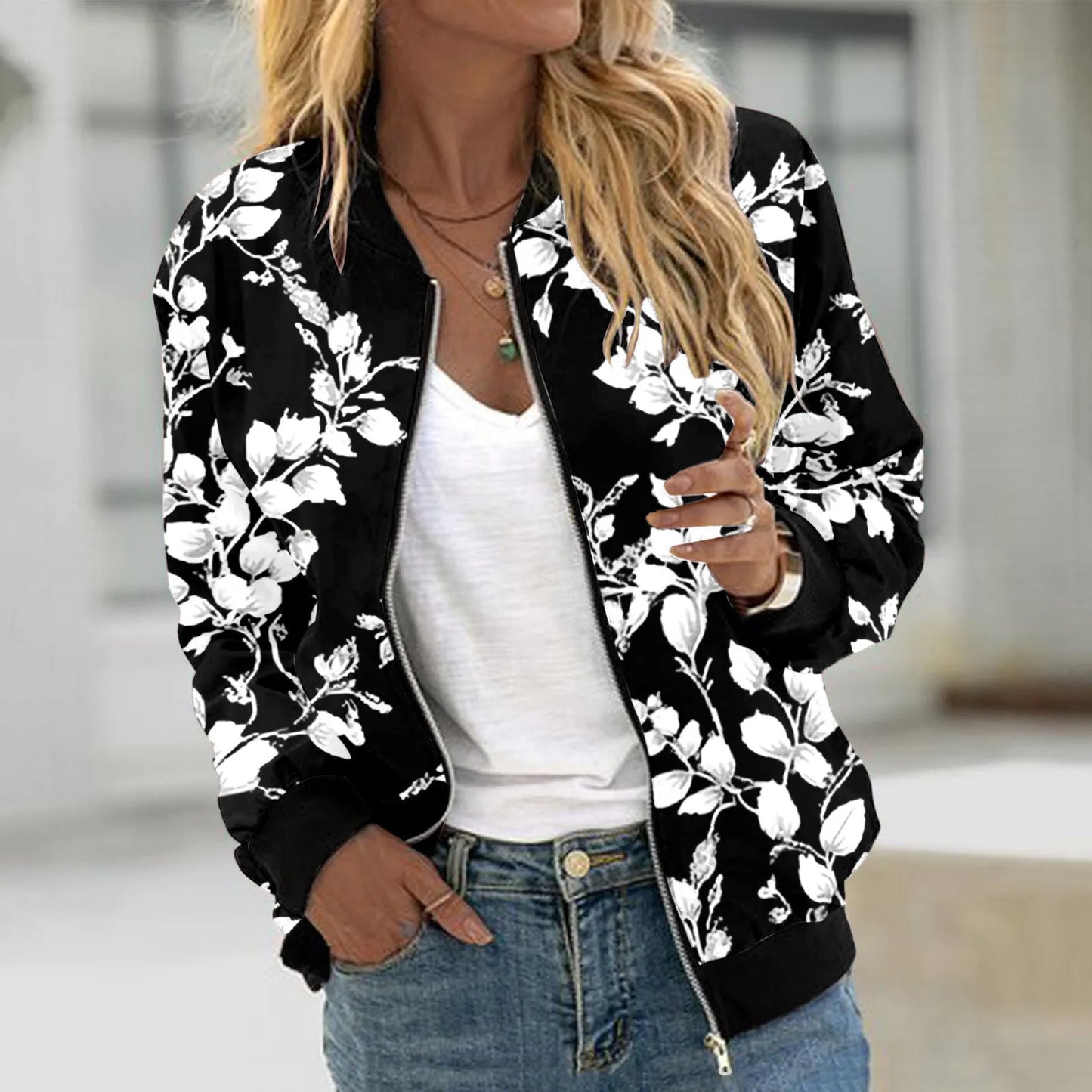 Women's Floral Print Bomber Jacket with Zip Front Contemporary Casual Streetwear Style