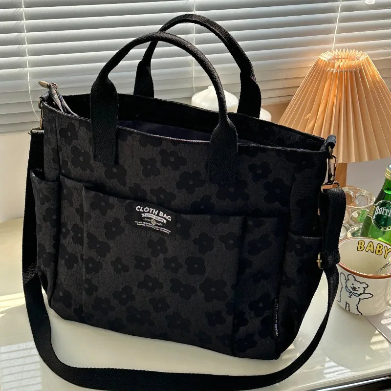 Textured Floral Pattern Utility Tote Bag with Multi Pocket Storage