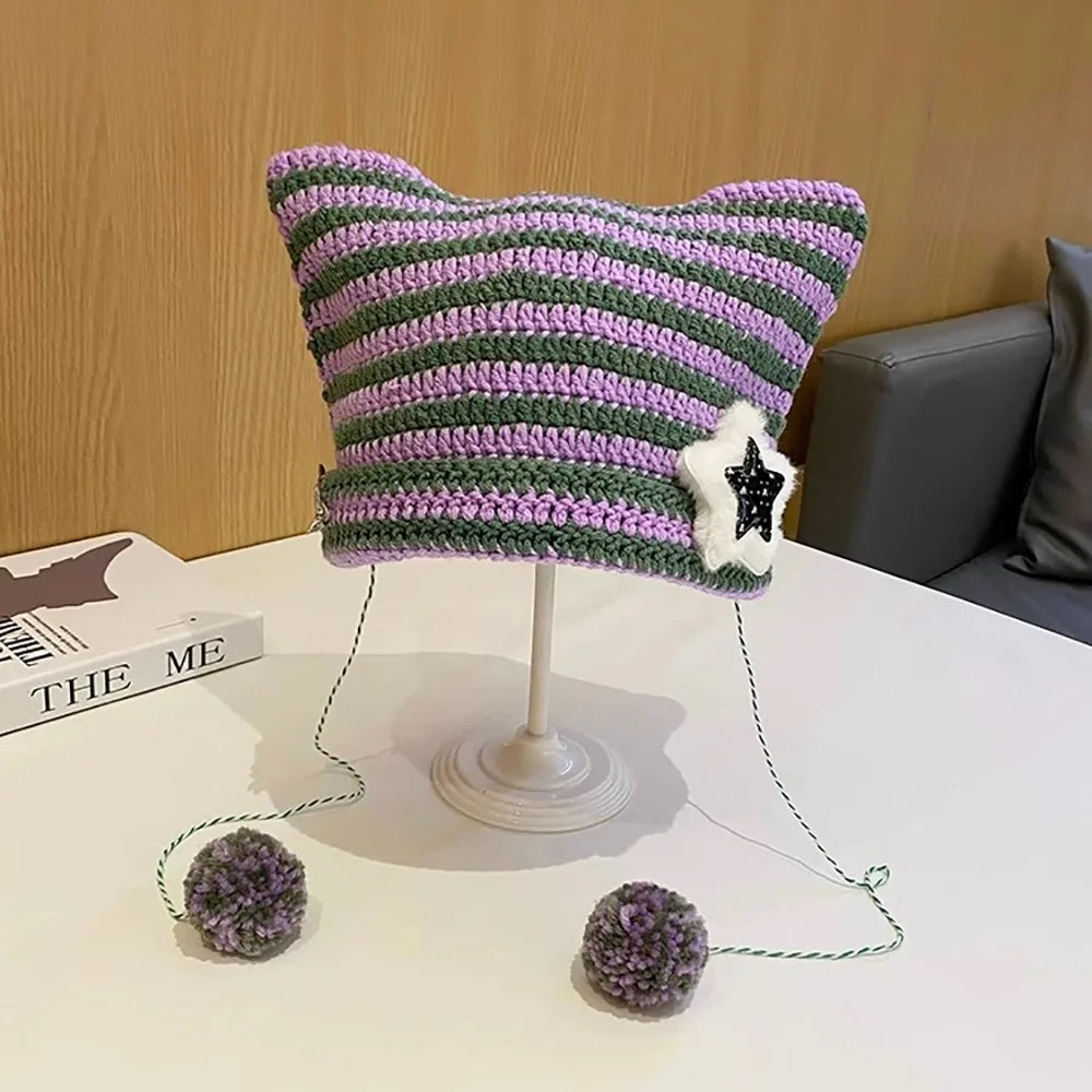 Striped Pointed Knit Beanie with Ear Accents for Playful Streetwear Winter Fashion Style