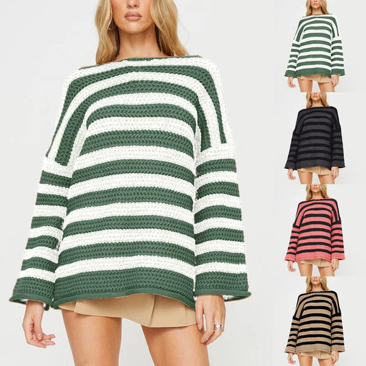Women's Oversized Striped Crew Neck Relaxed Knit Pullover Sweater With Soft Texture