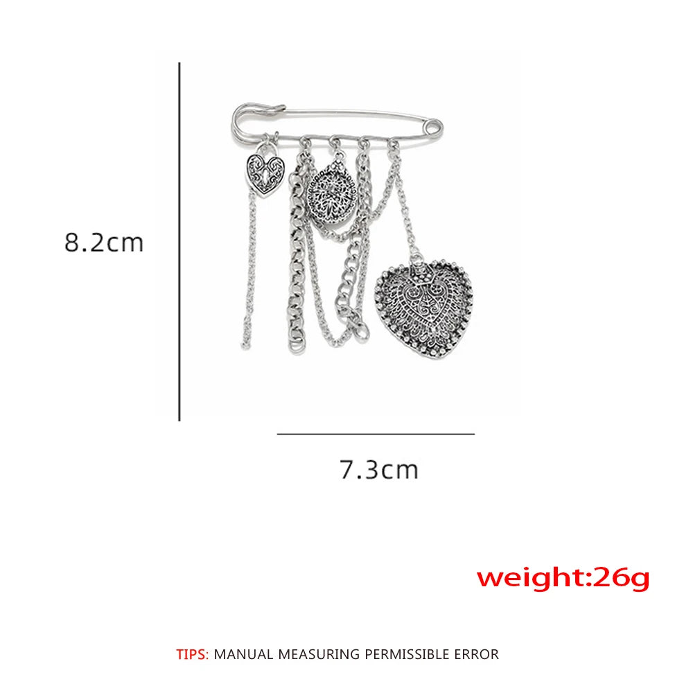 Gothic Heart Safety Pin Brooch with Layered Chains and Tassel Details