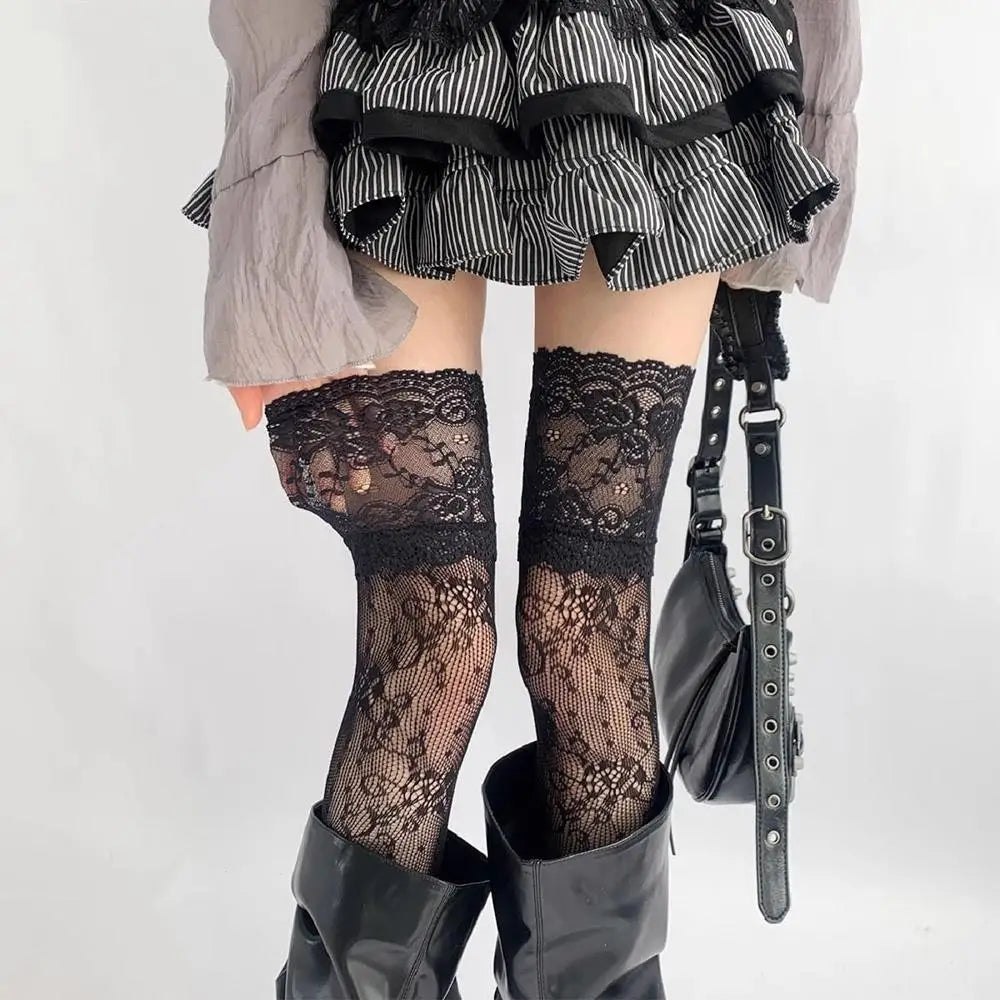 Floral Lace Fishnet Thigh High Stockings with Breathable Mesh Over-the-Knee Design