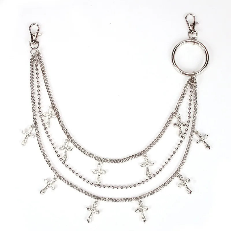 Layered Cross Pendant Waist Chain with Geometric Ring Accents for Alternative Styling