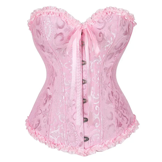 Vintage Floral Jacquard Corset Top with Sweetheart Neckline and Lace-Up Detail