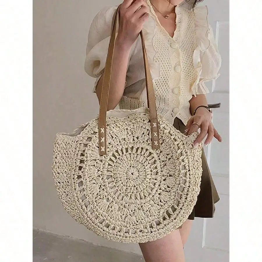 Handwoven Hollow Straw Round Tote Bag with Open Design Summer Carryall