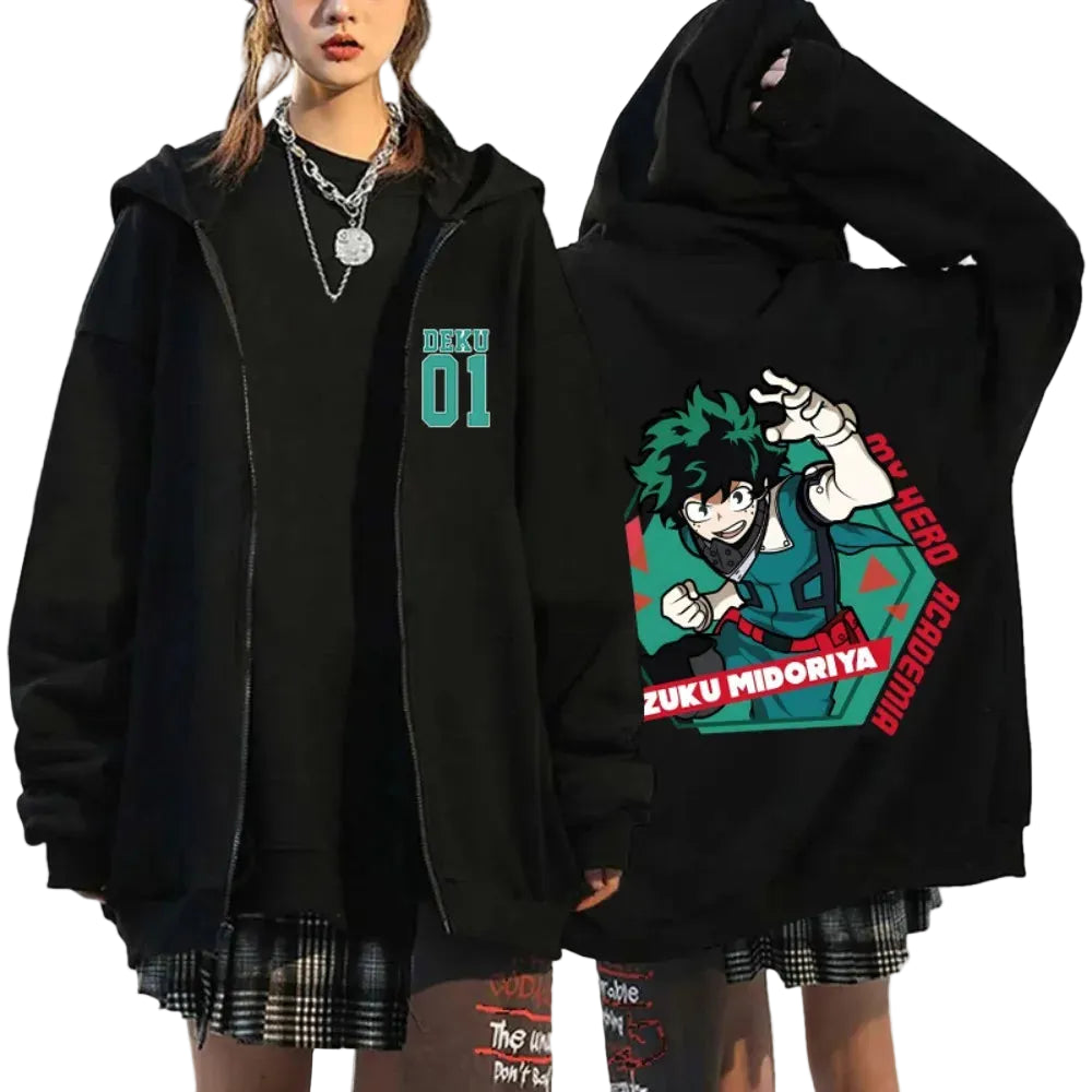 Anime Graphic Zip Hoodie With Manga Streetwear Urban Fashion Aesthetic