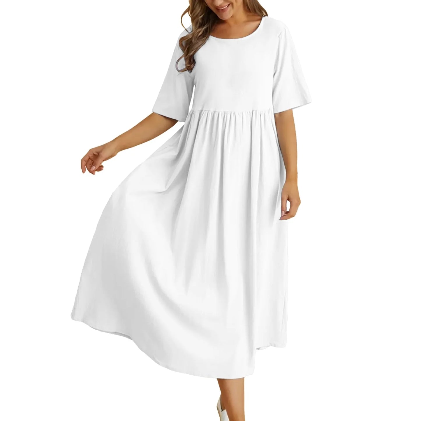 Relaxed A-Line Midi Dress with Short Sleeves and Flowy Everyday Fit