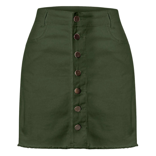 High Rise Button Front Stretch Denim Mini Skirt with Contoured Slim Fit