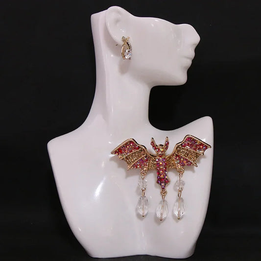 Vintage Gothic Bat Wing Brooch with Crystal Drop Statement Accent