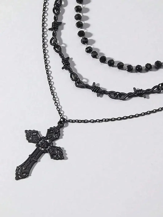 Layered Cross Pendant Necklace Set for Gothic Punk and Alternative Streetwear Fashion Styling