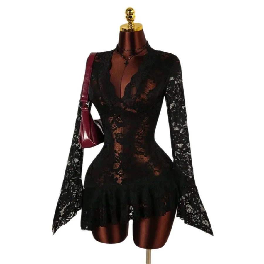 Anime-Inspired Lace Sleeve Gothic Mini Dress with Alternative Fashion Style