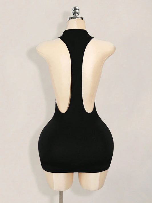 Backless Sleeveless Bodycon Mini Dress with Criss Cross Open Back Detail