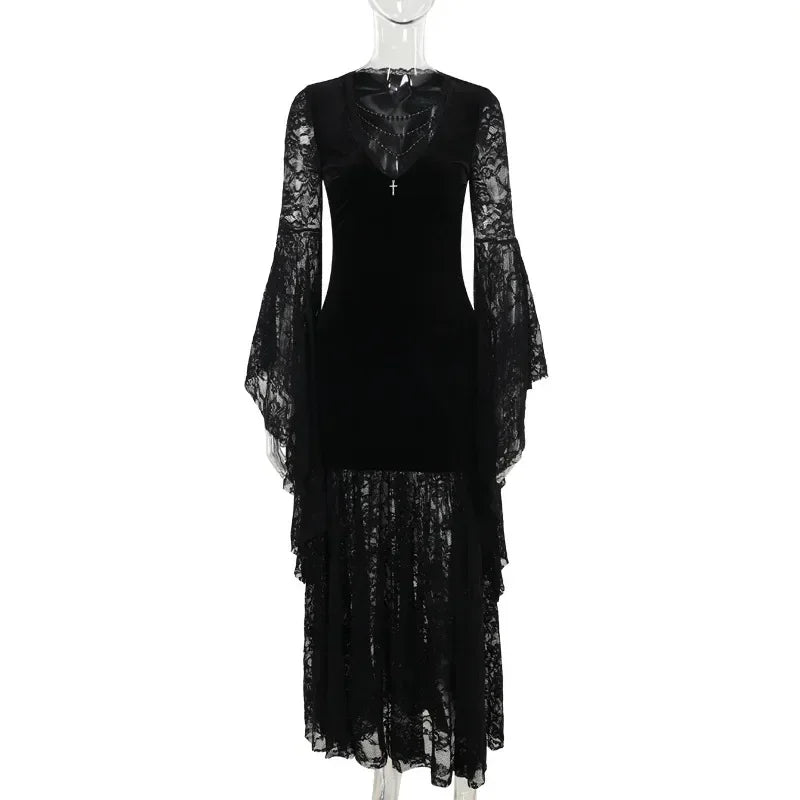 Flowing Gothic Velvet Dress with Dark Alternative Streetwear Elegance