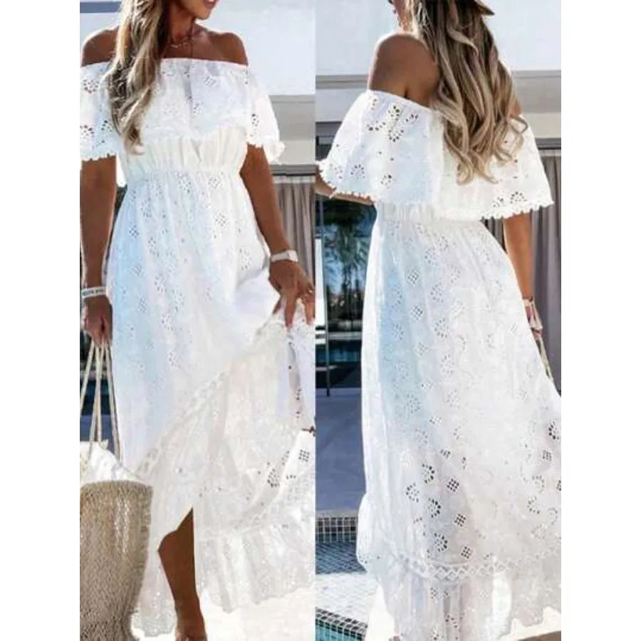 Off Shoulder Eyelet Embroidered Maxi Dress with Flowy Vacation Silhouette