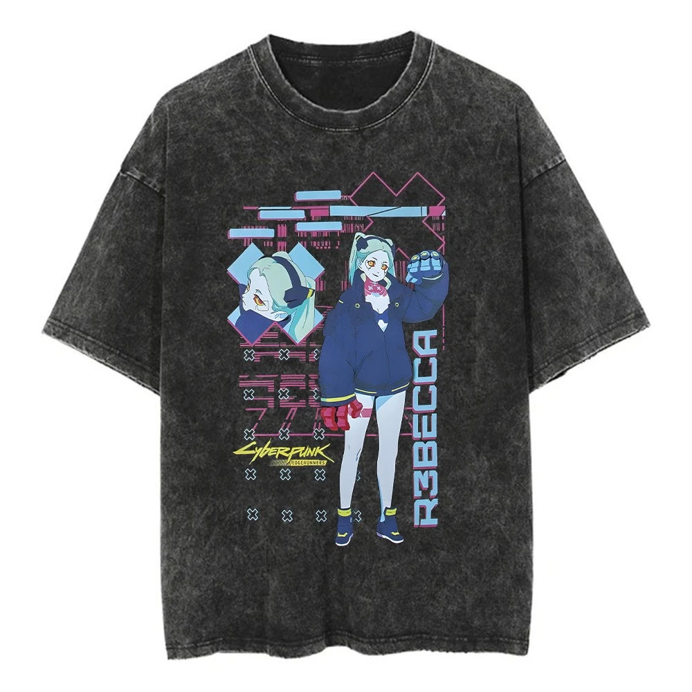 Retro Anime Techwear Graphic Oversized Washed Streetwear T-Shirt
