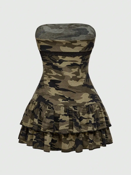 Camouflage Print Strapless Peplum Mini Dress with Halter Detail Contemporary Style