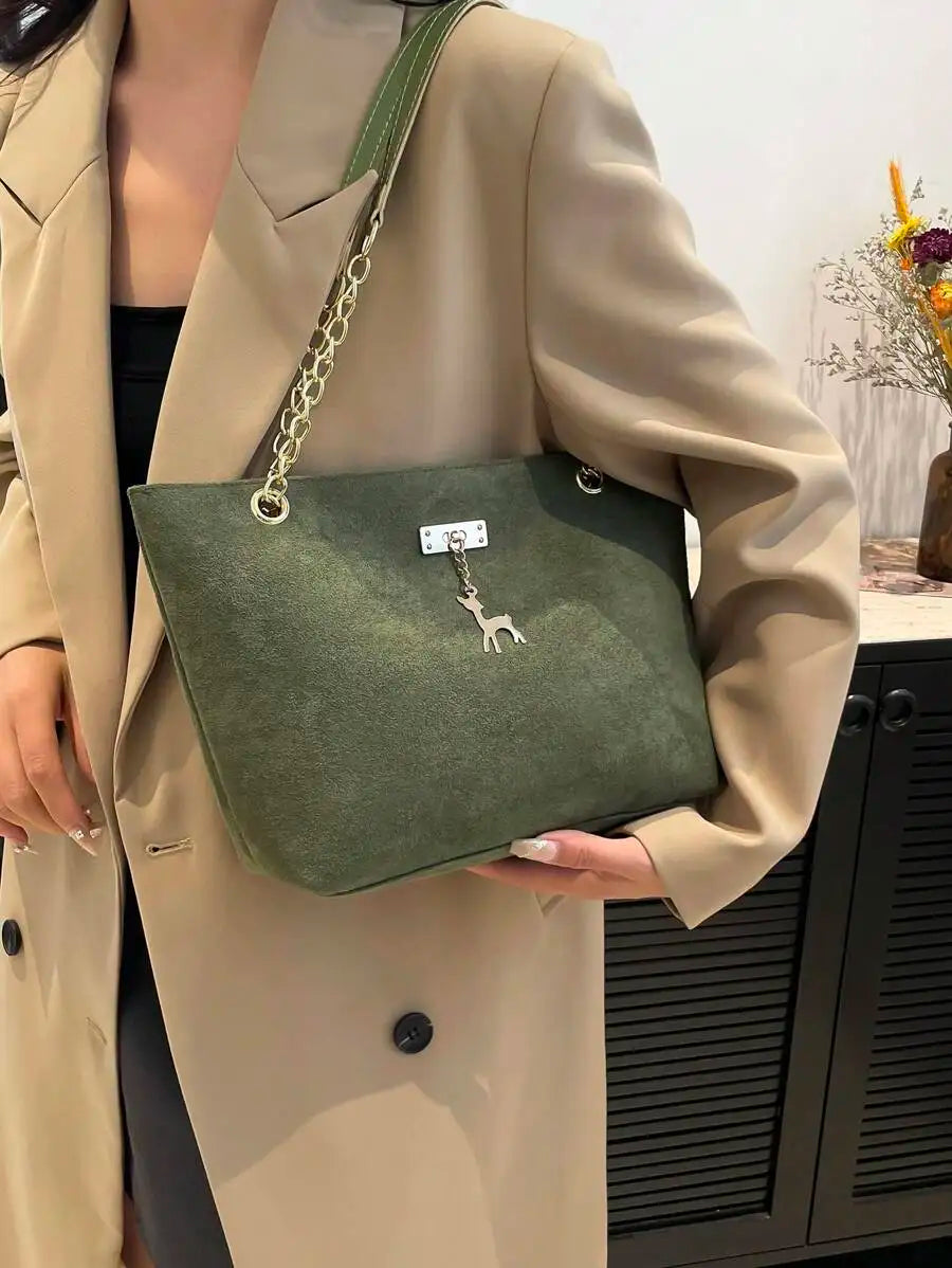 Soft Faux Suede Chain Strap Shoulder Tote Bag with Relaxed Silhouette