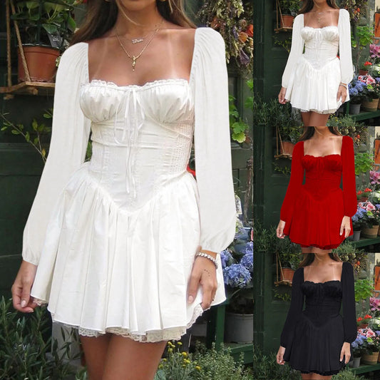 Square Neck Corset Inspired Mini Dress with Puff Sleeve Detail