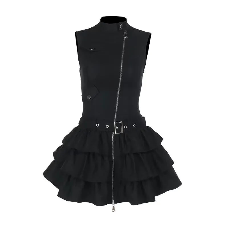 Structured Gothic Mini Dress with Utility-Inspired Alternative Fashion Details