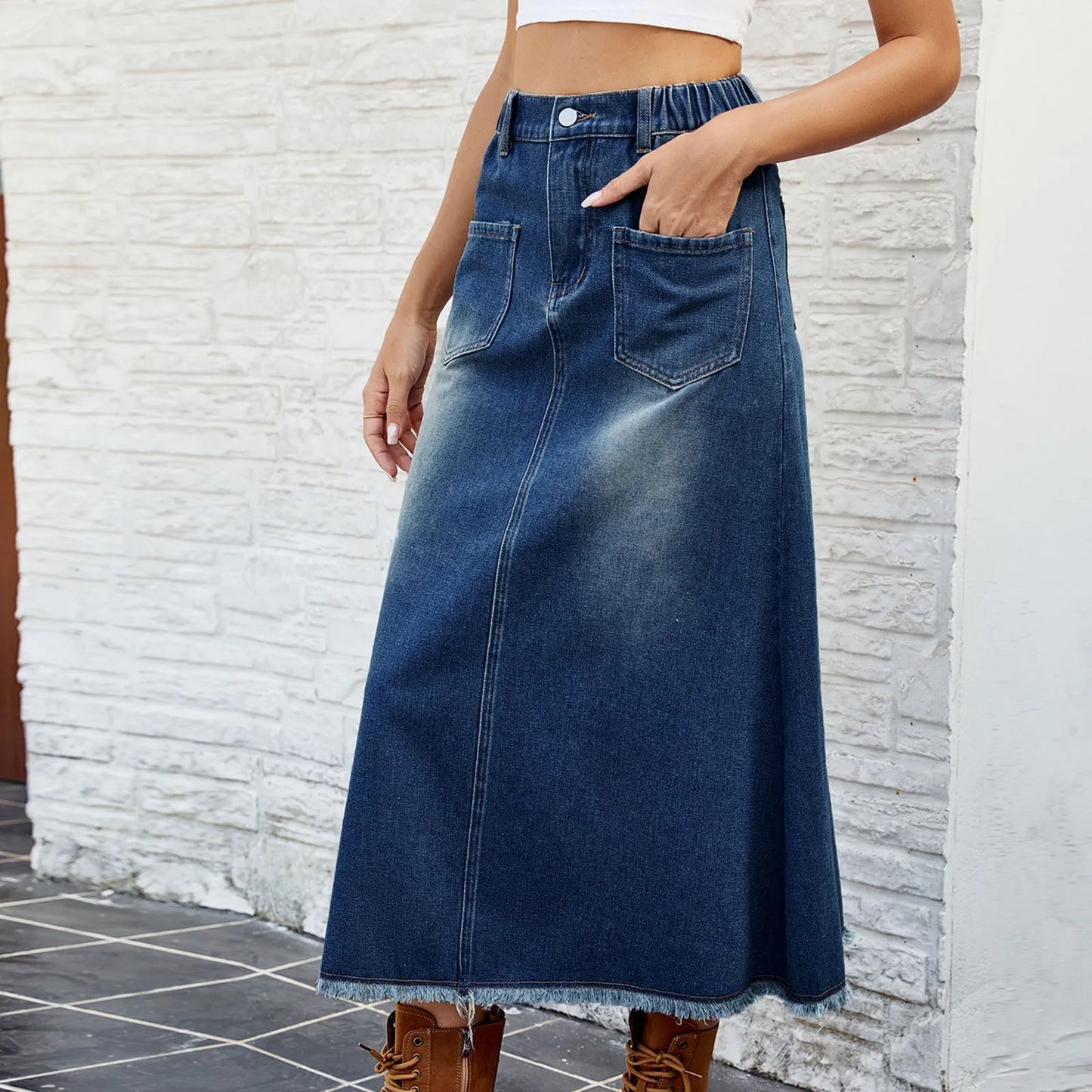 High Waist Straight Denim Maxi Skirt with Front Slit Contemporary Streetwear Style