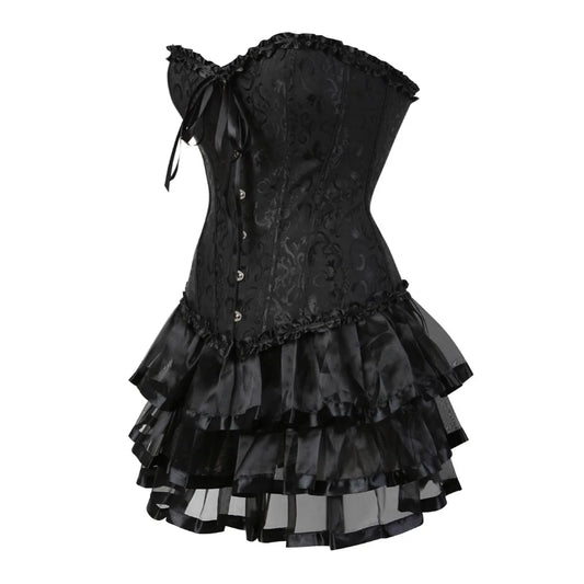 Ruffle Hem Overbust Corset Dress with Lace-Up Front and Layered Skirt