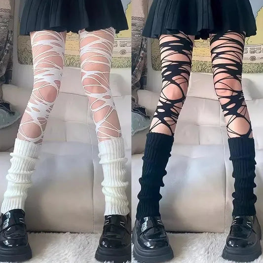 Distressed Over The Knee Fishnet Stockings Punk Y2K Alternative Hosiery