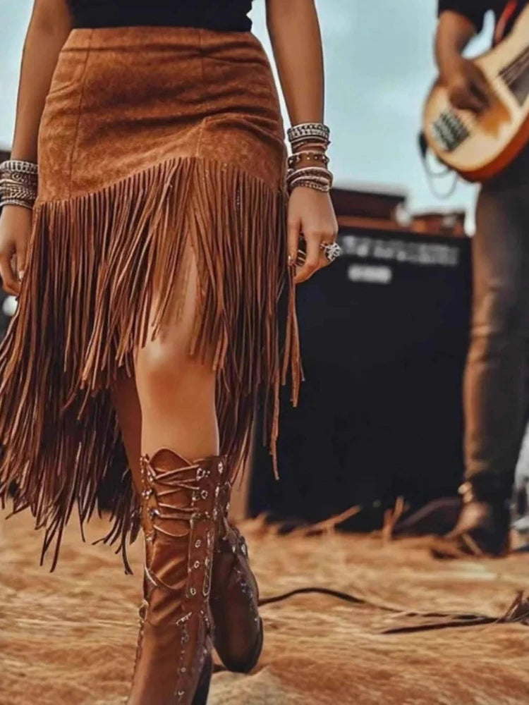 Fringe Trim Faux Suede Mini Skirt with Western-Inspired Streetwear Style