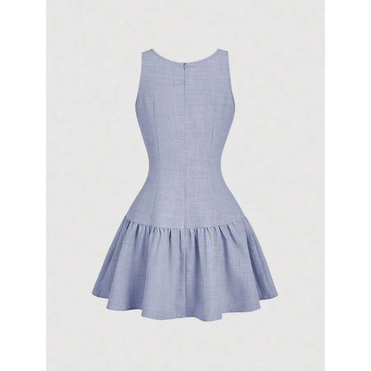 Button Front Mini Dress with Bow Detail and Flared Hem Silhouette