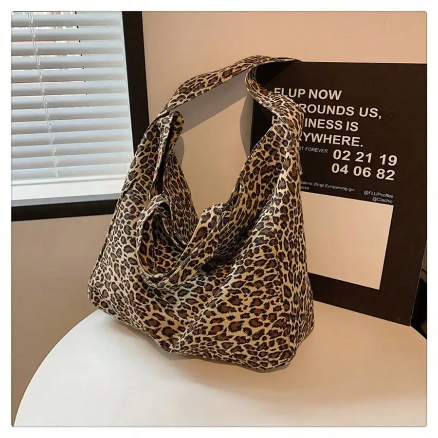 Leopard Print Canvas Tote Shoulder Bag with Minimal Commuter Styling