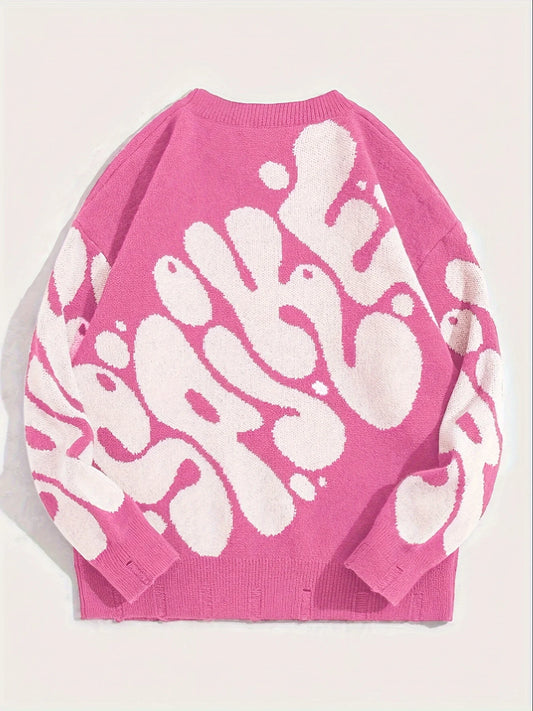 Men's Oversized Graphic Knit Pullover with Relaxed Crew Neck Streetwear Silhouette