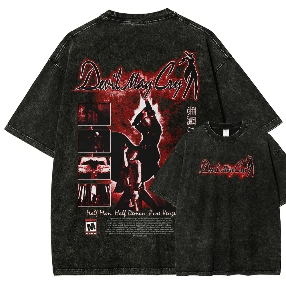 Crimson Shadow Anime Graphic Oversized Vintage Washed Cotton T-Shirt