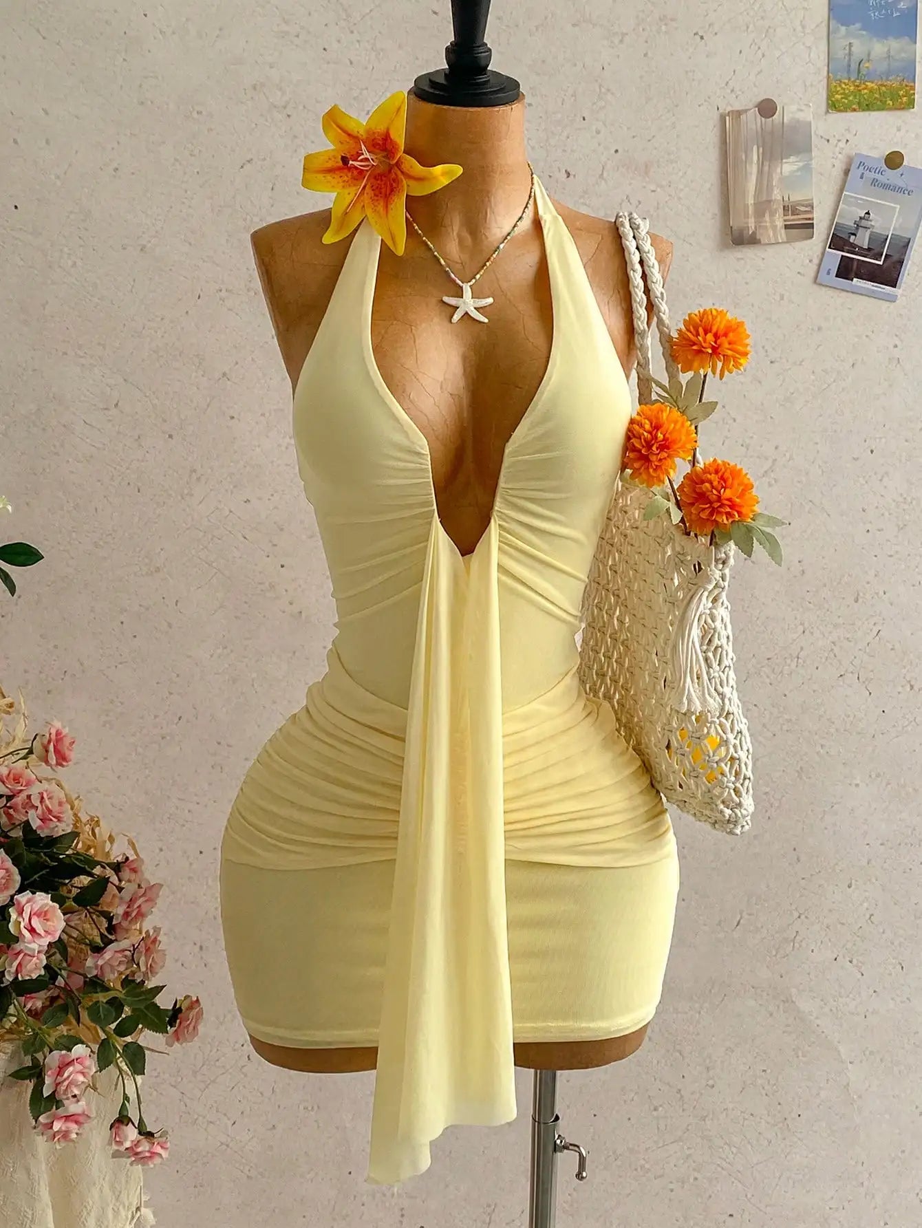Ruched Halter Mini Dress with Tie Neck Detail and Flared Hem