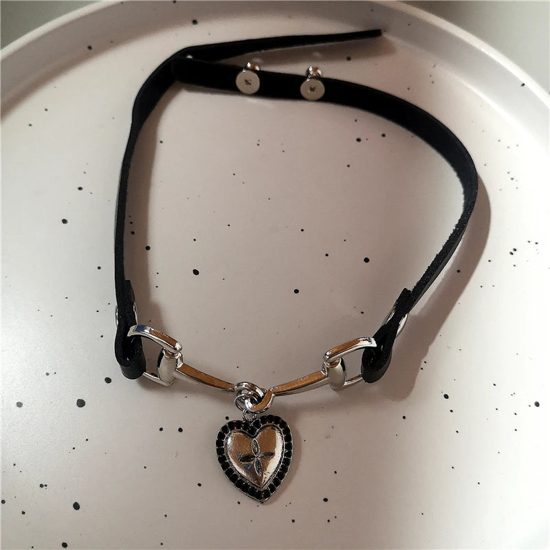 Layered Gothic Charm Choker Necklace Set with Hearts Crosses and Stars