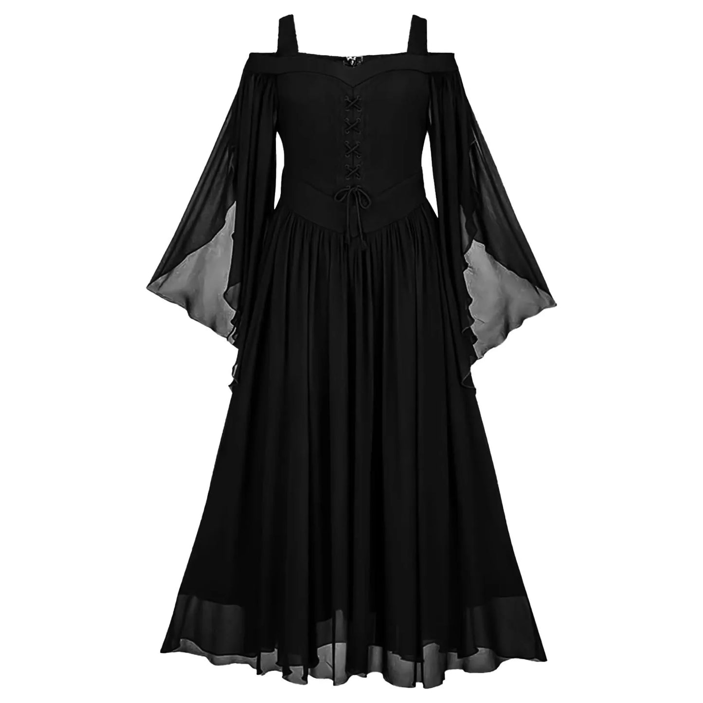 Elegant Gothic Chiffon Maxi Dress with Flowing Bell Sleeves