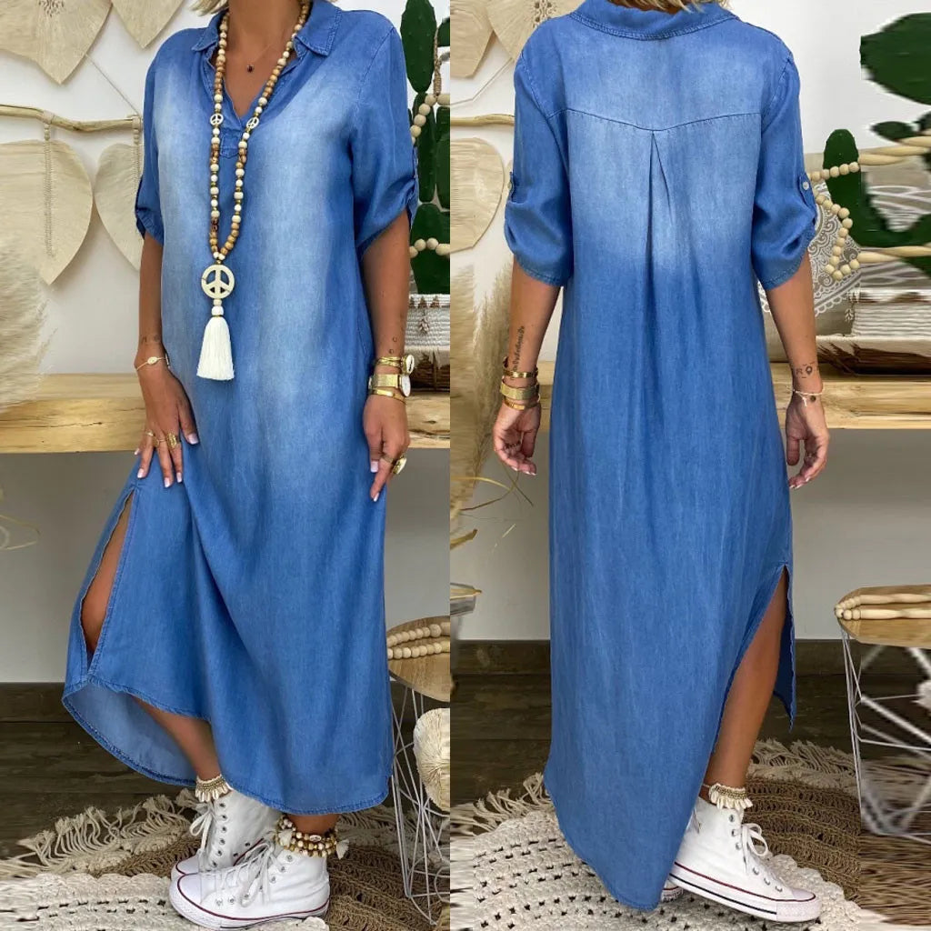 Oversized V-Neck Denim Inspired Maxi Dress with Half Sleeves and Side Slits