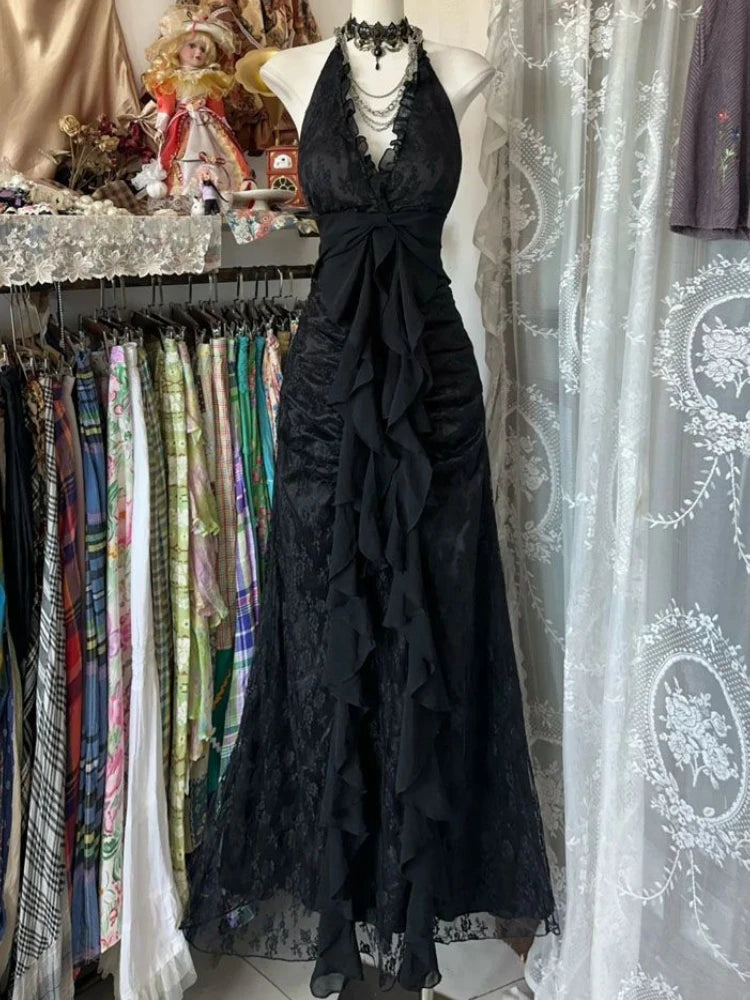 Layered Lace Gothic Maxi Dress with Elegant Alternative Fashion Styling