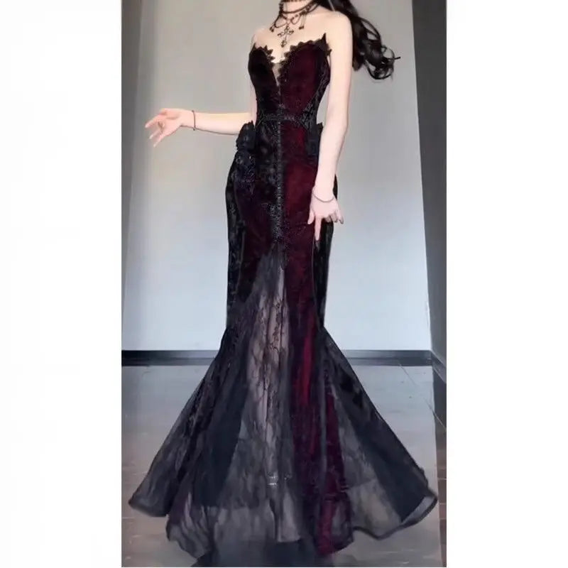 Dark Romantic Lace Maxi Dress with Gothic Evening Fashion Aesthetic