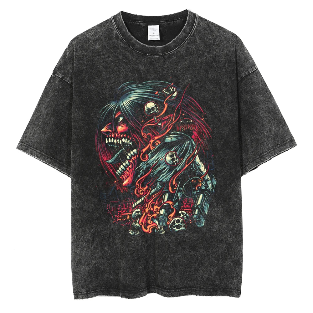 Cyber Anime Goth Skeleton Graphic Oversized Washed Streetwear T-Shirt