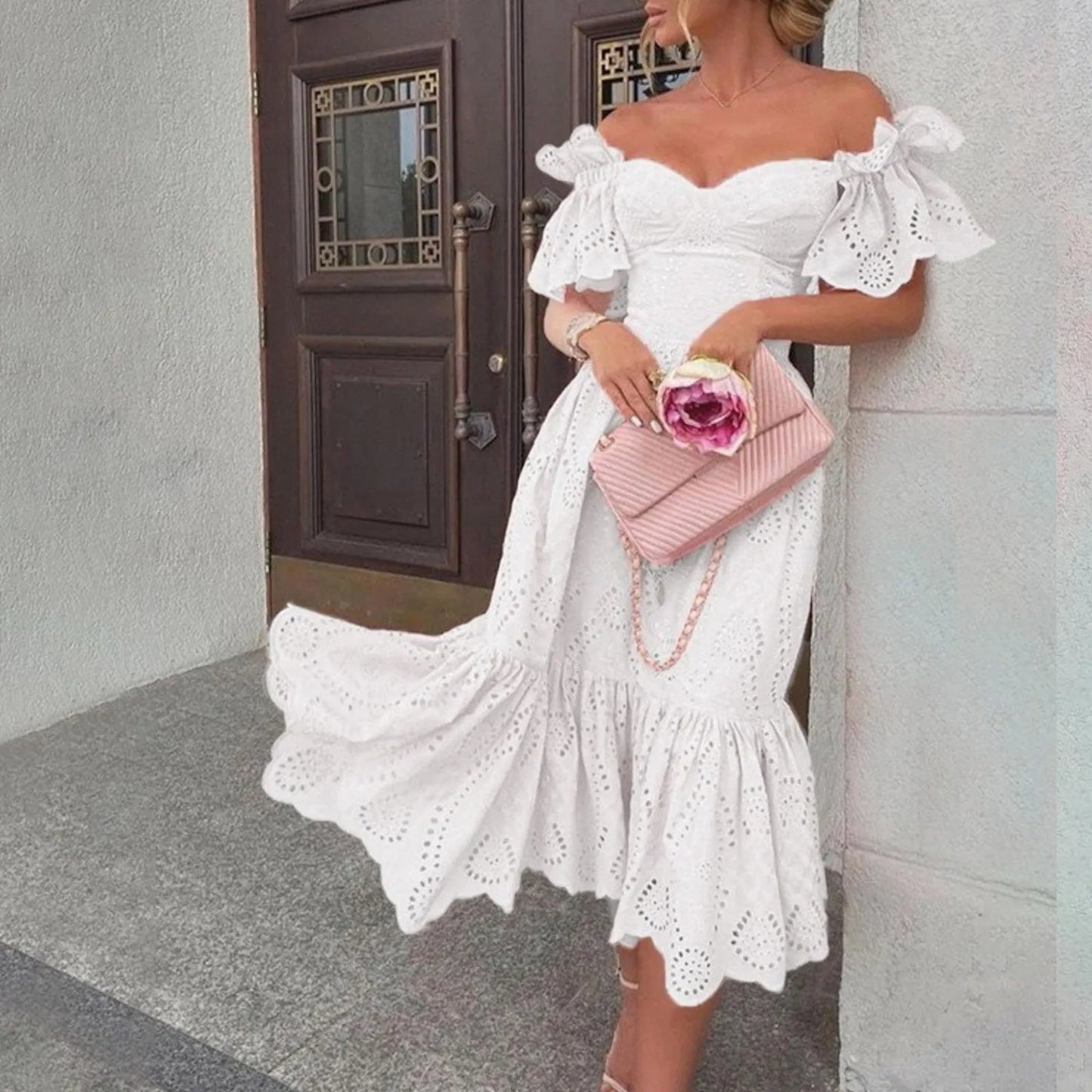 Romantic Off Shoulder Ruffle Trim Alternative Fashion Midi Dress