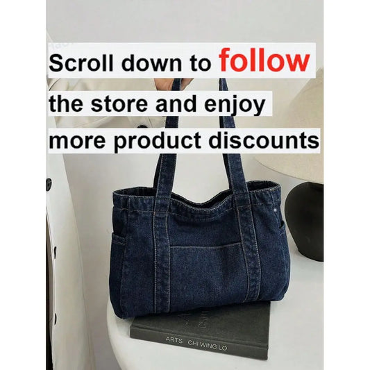 Soft Structured Denim Style Tote Shoulder Bag with Everyday Capacity
