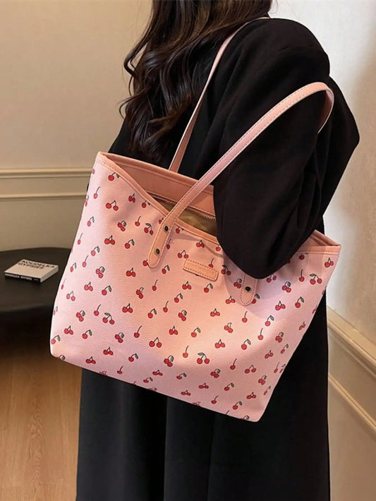 Large Capacity Printed Bucket Tote Bag with Zip Closure Design