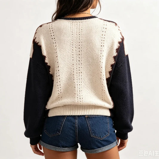 Women's Contrast Sleeve Relaxed Fit Contemporary Streetwear Knit Sweater