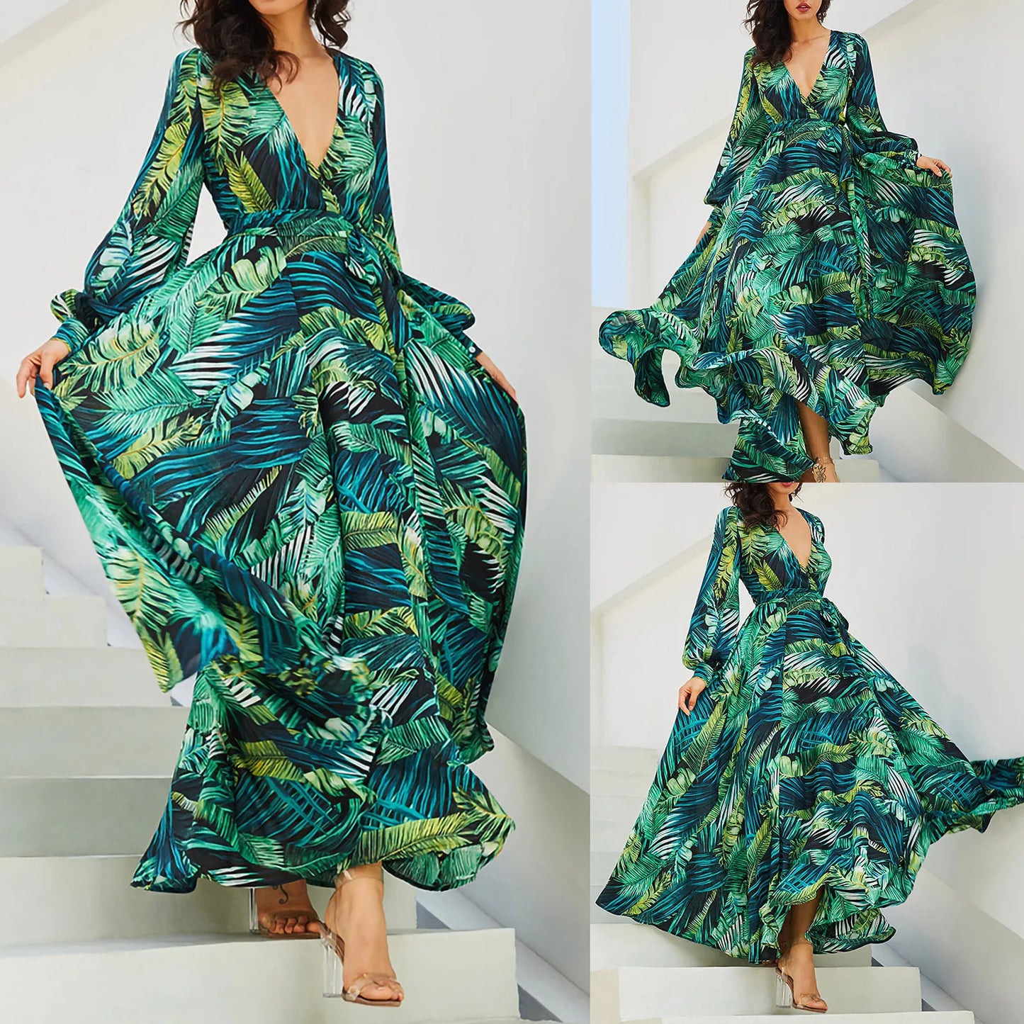 Flowing Tropical Print Bohemian Alternative Fashion Maxi Dress
