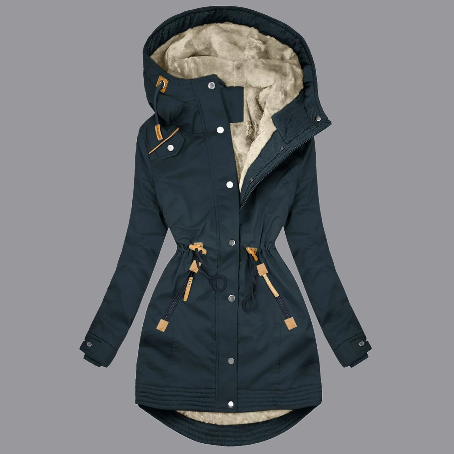 Women's Hooded Fleece-Lined Drawstring Utility Rain Jacket with Windproof Streetwear Outdoor Style