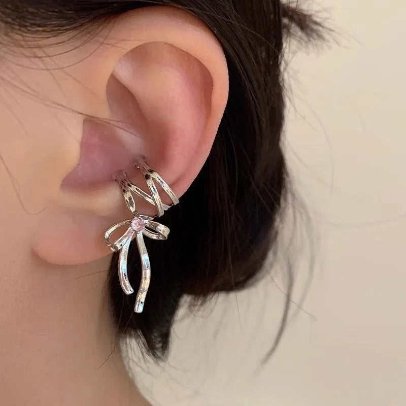 Dark Feminine Ribbon Bow Ear Cuff for Gothic and Coquette Styling